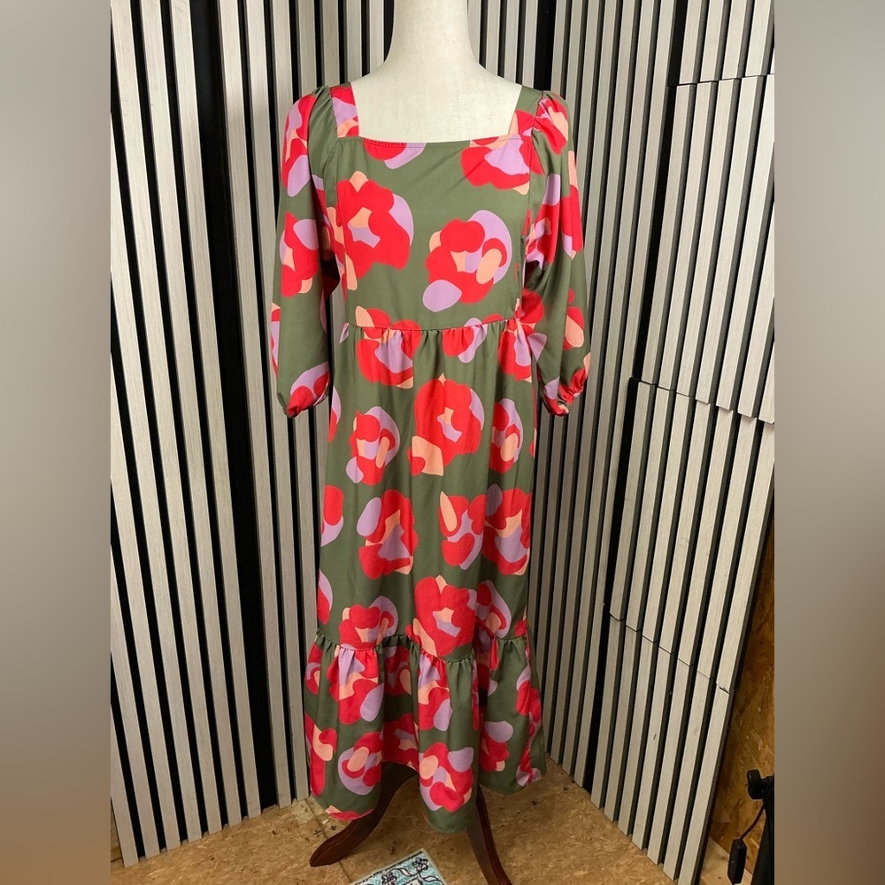 Michelle McDowell Green Floral Maxi Dress with Puff Sleeves, Sz S